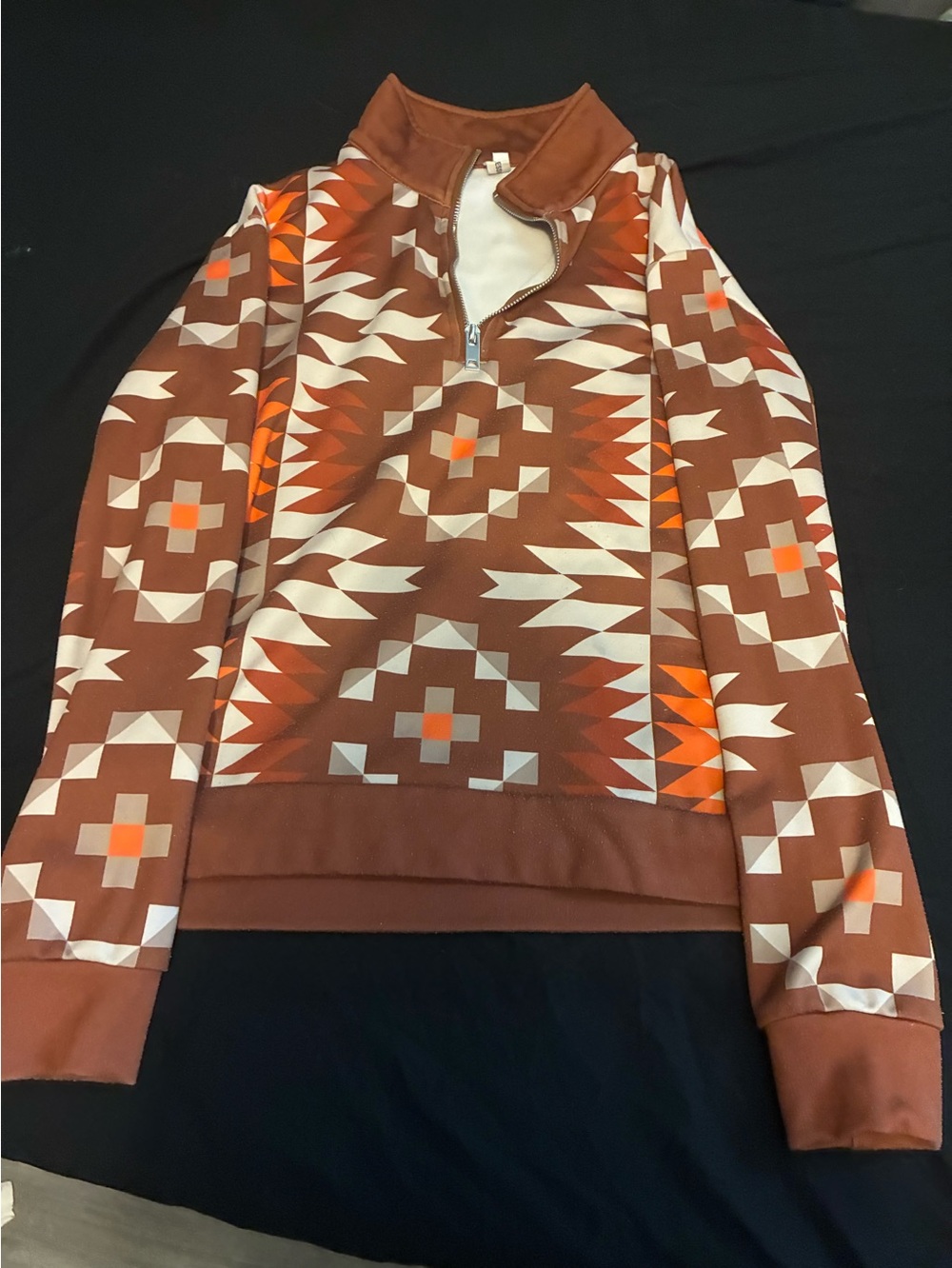 Womens Brown Aztec-Print Quarter-Zip Pullover Jacket